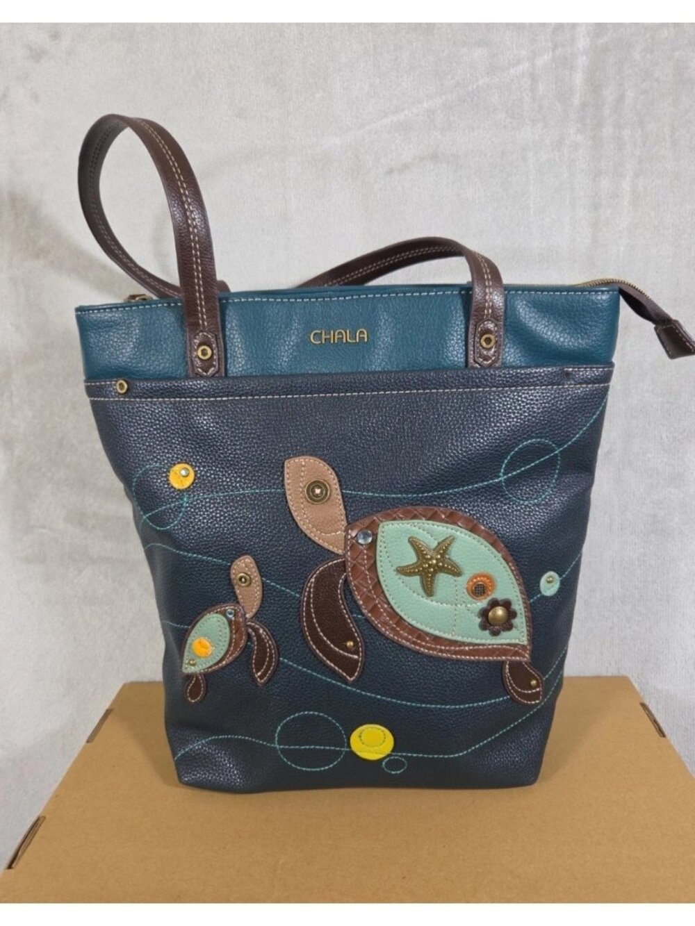 Chala Tote Sea Turtles (Mom & Baby) Navy Blue Brown Bag Purse Tote